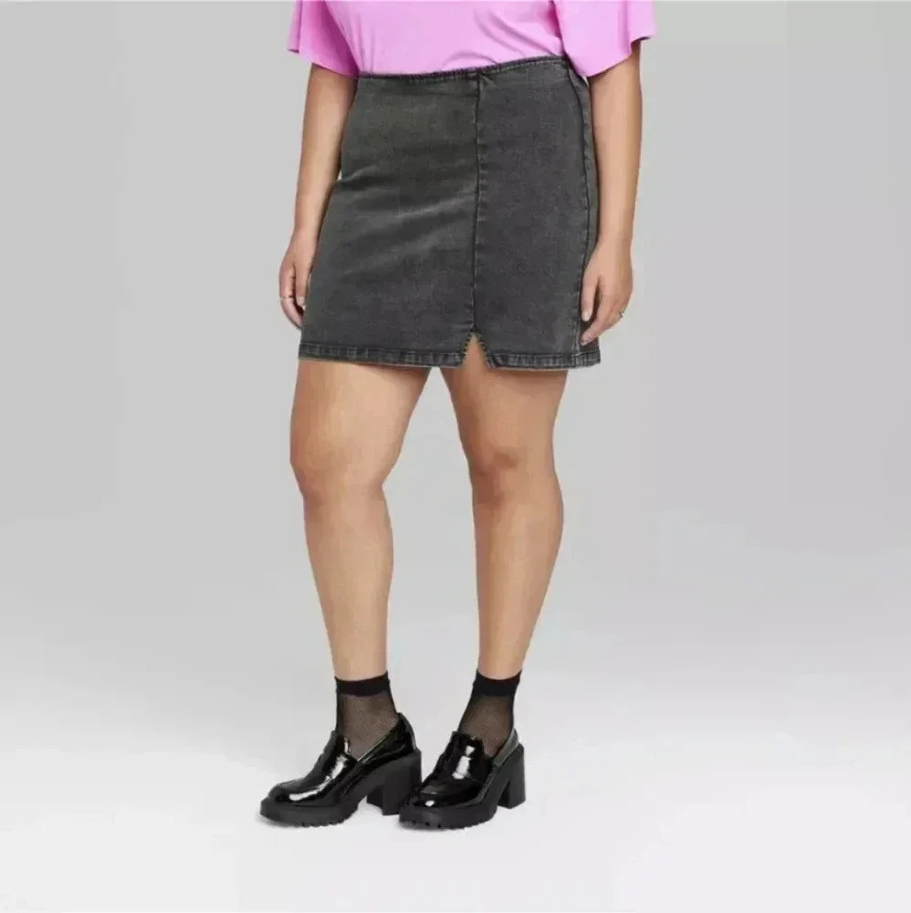 Wild Fable Womens Plus Skirt Size 24 26 28‎ 30 Black Wash Mini Denim Slit Preppy